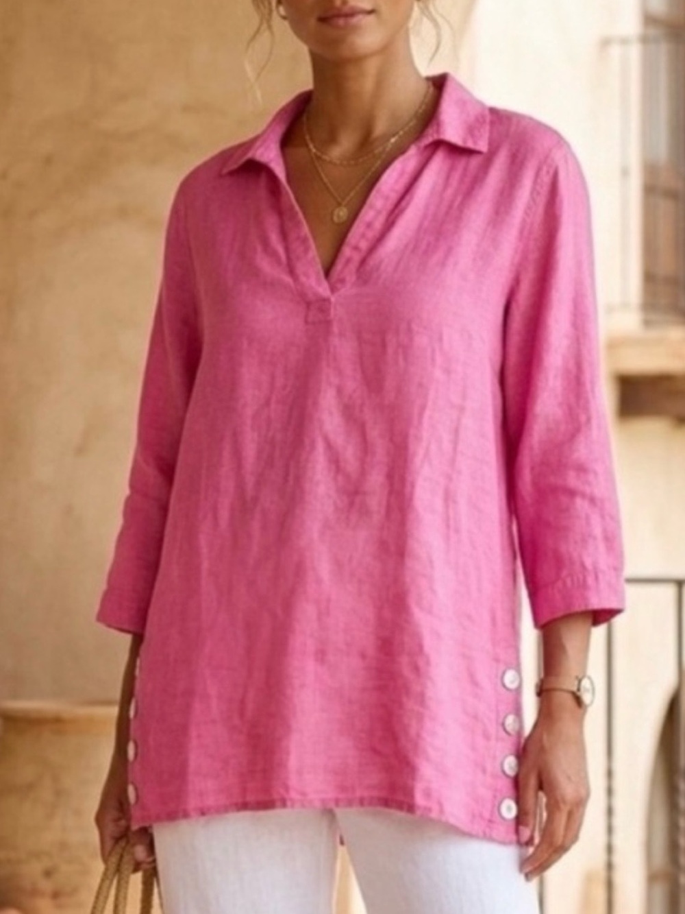 Tahari 100% Linen Pink Tunic Shirt Top w/ Shell Button Side Detail Beachy sz S